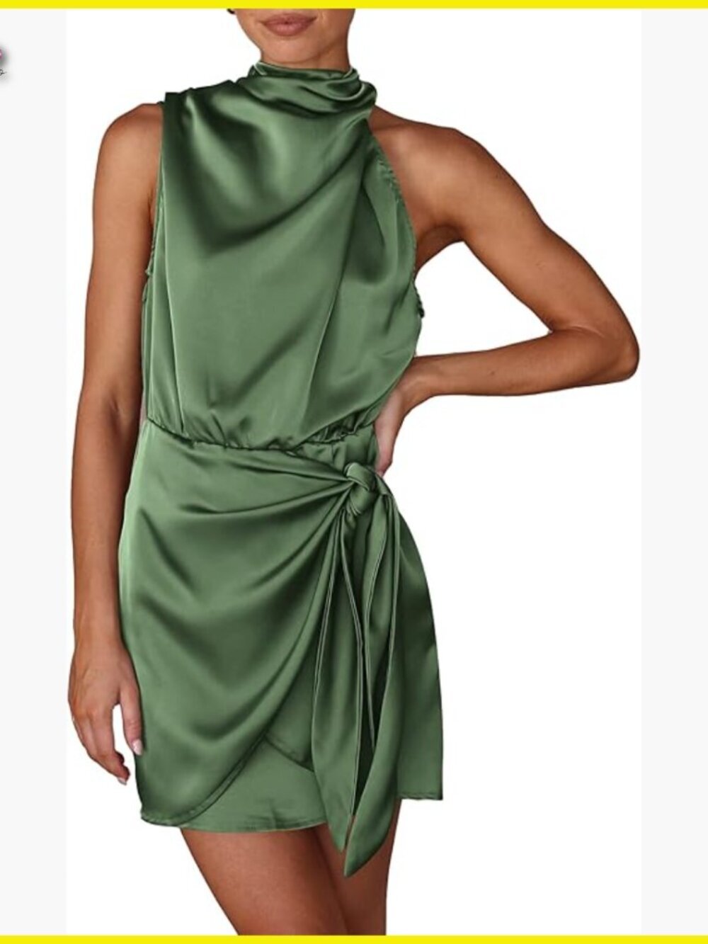 Satin Mini Dress Elegant Mock Neck Tie Waist Cocktail Party Formal Wear
